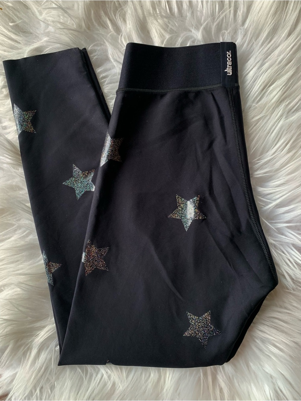 Ultracor Black Leggings Silver Glitter Stars Sz XS Compressive High-end Raw Hem